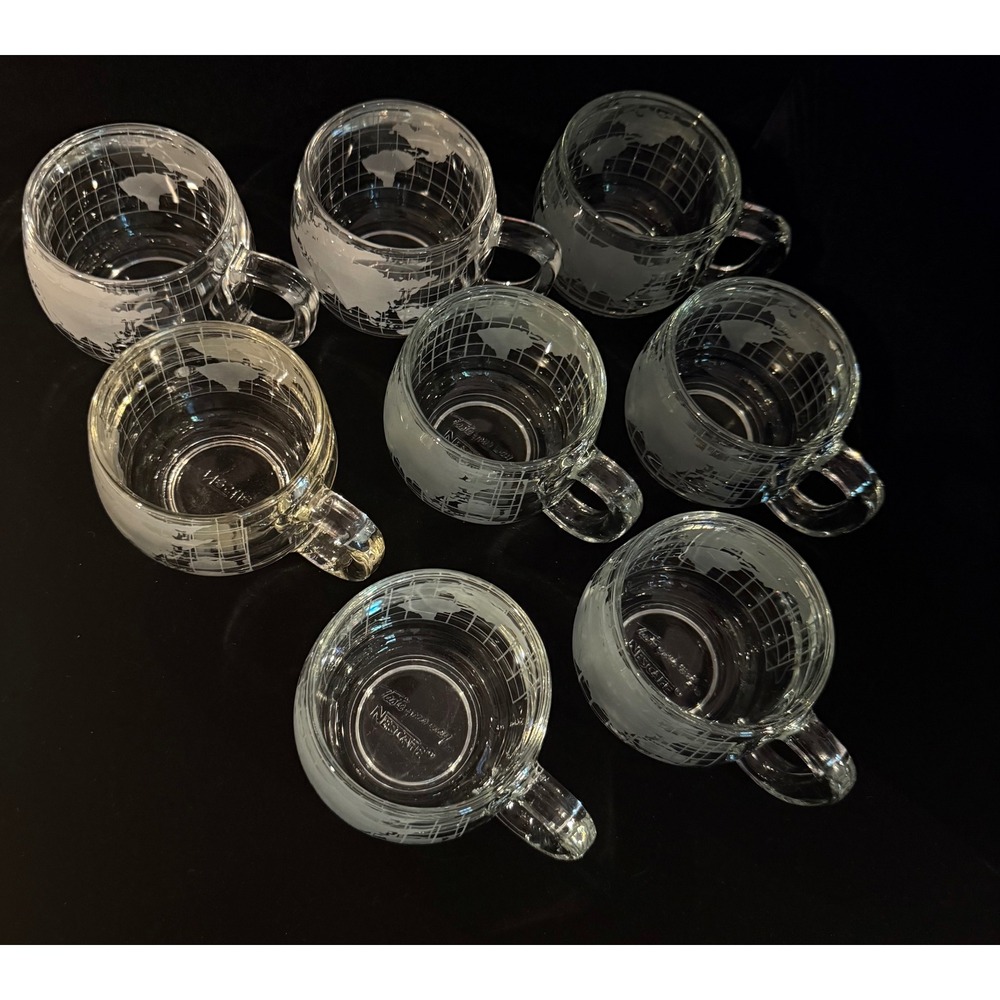 8 Vintage Nescafe World Map Glass Mugs Frosted Etched Globe Coffee Cups Set - Picture 2 of 5